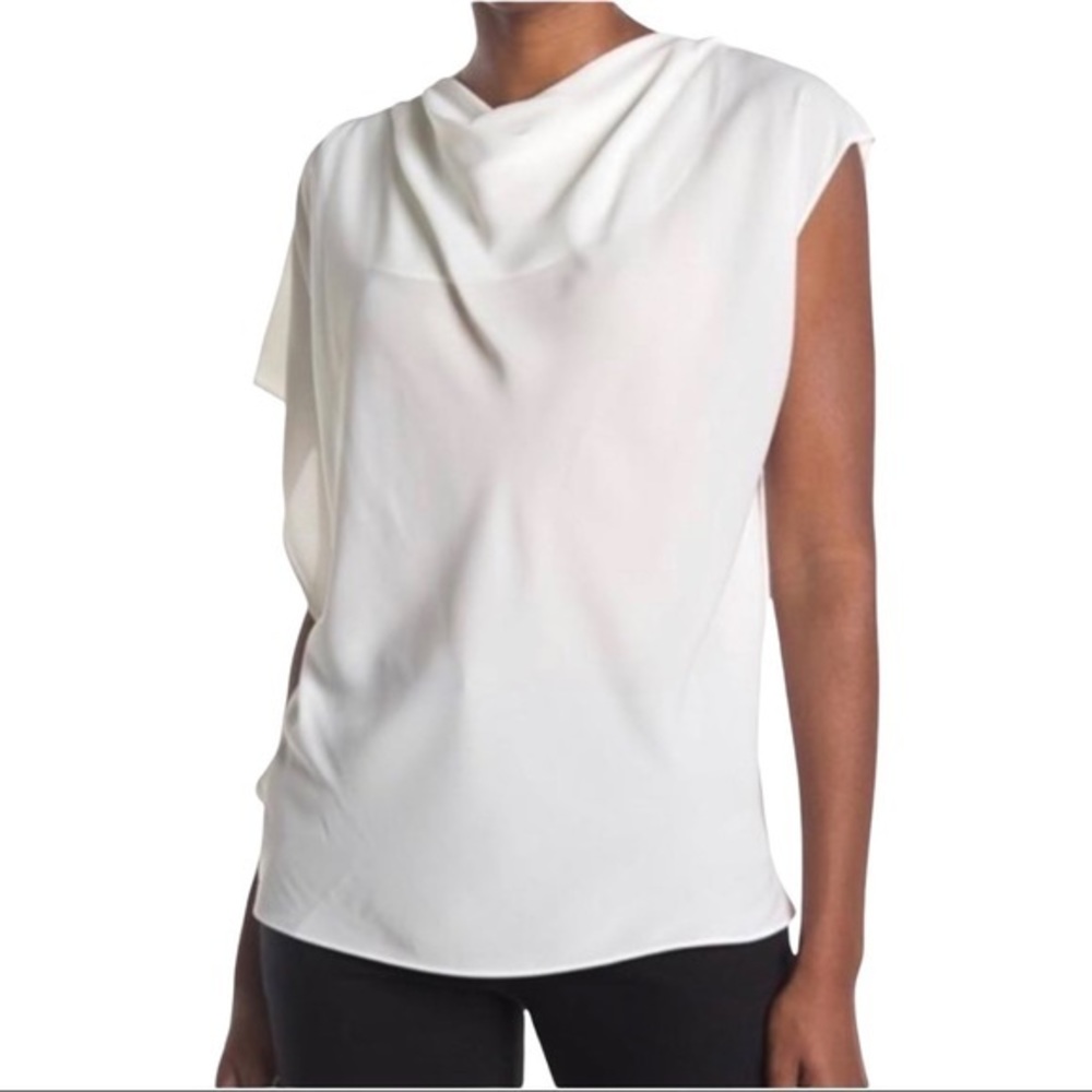 Halston White Asymmetric Sleeve Sheer Blouse size L NWOT